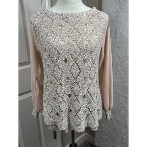 John Fashion‎ Women Top Crochet Knit Sheer Sleeve Bow Back Detail Crochetcore L